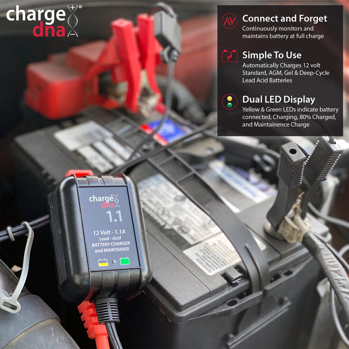 Photo showing a ChargeDNA 1.1 charging a battery in a vehicle