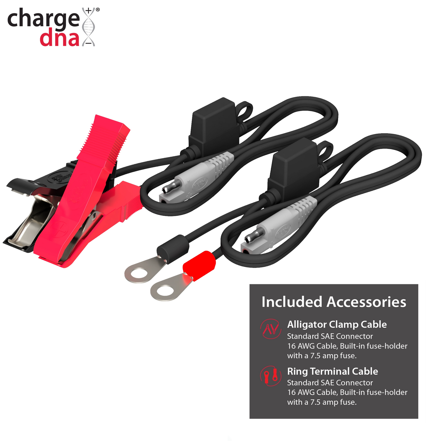 image showing the accessories included with a ChargeDNA 1.1 battery charger