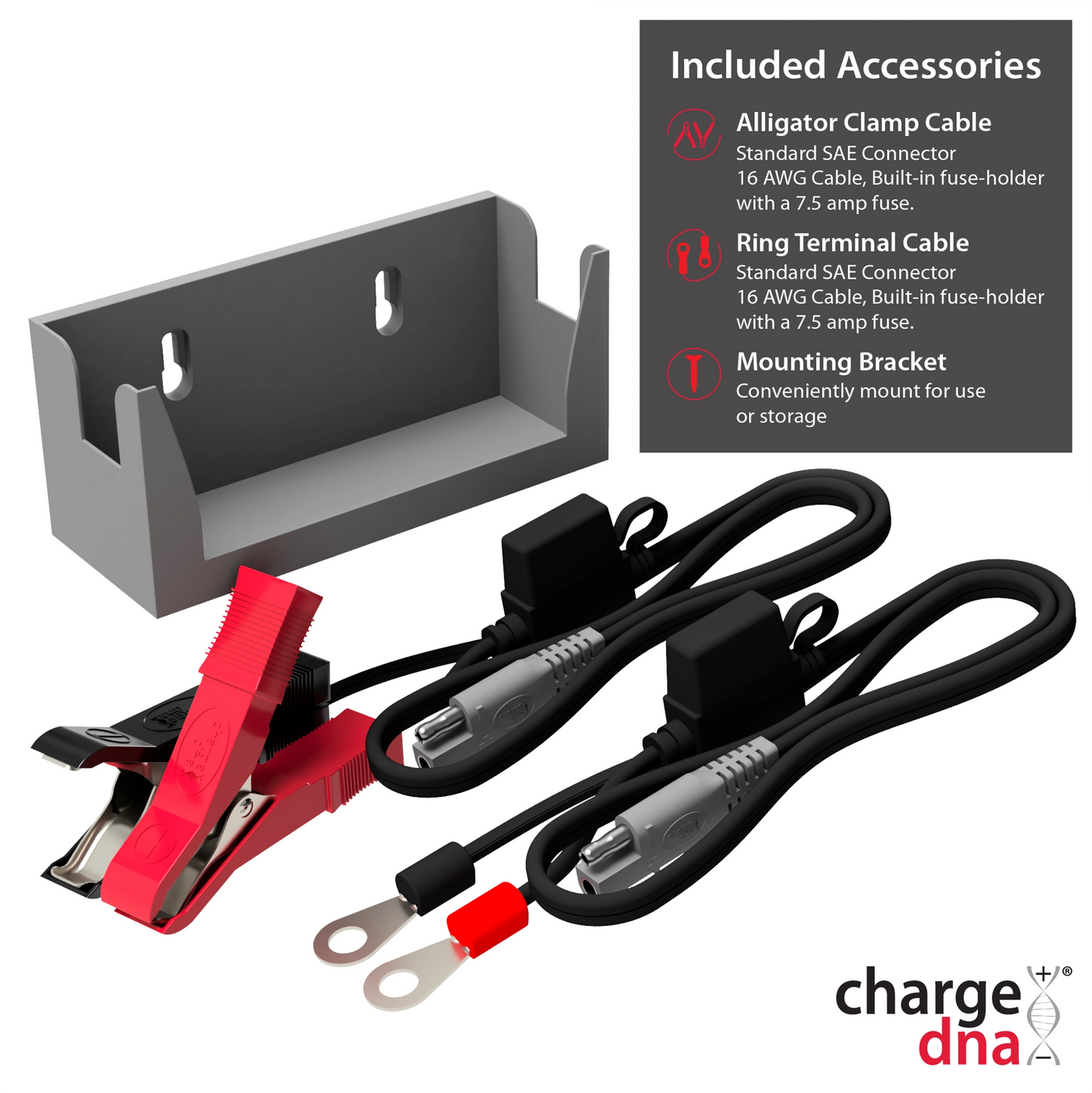 image showing the accessories included with a ChargeDNA 1.3+ battery charger