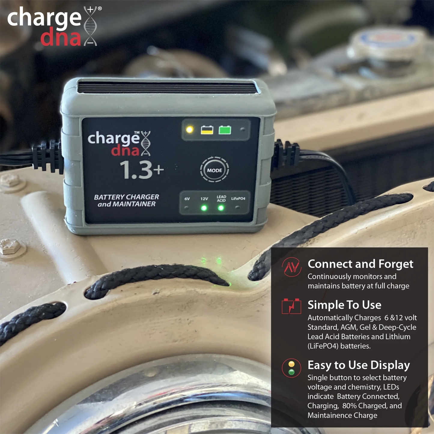 Photo showing ChargeDNA 1.3+ being used in an old vehicle